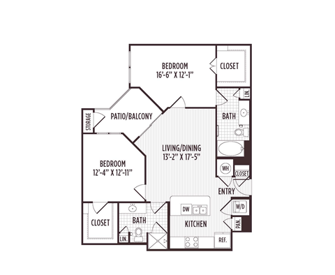 Floor plan for 2 beds, 2 baths, 1038 sqft